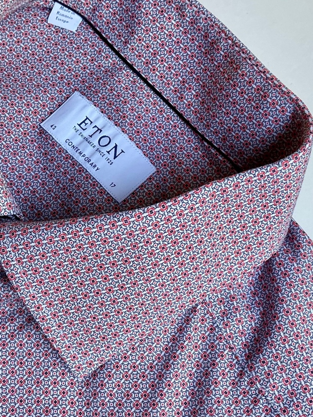 ETON blue & pinkish orange patterned cotton shirt Sz 17 made in Romania 🇷🇴